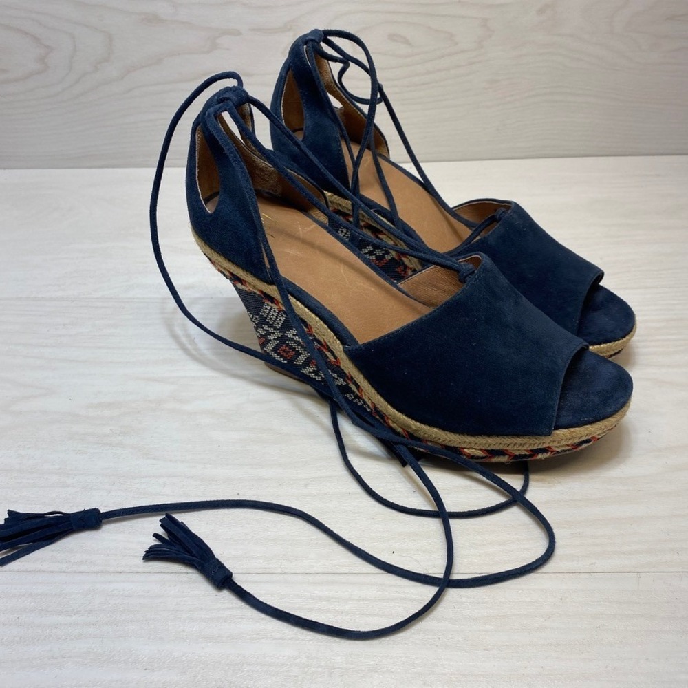 Cabi Navy Blue Suede Espadrille Wedge Sandals Lace Up Tassel‎ Embroidered 8M